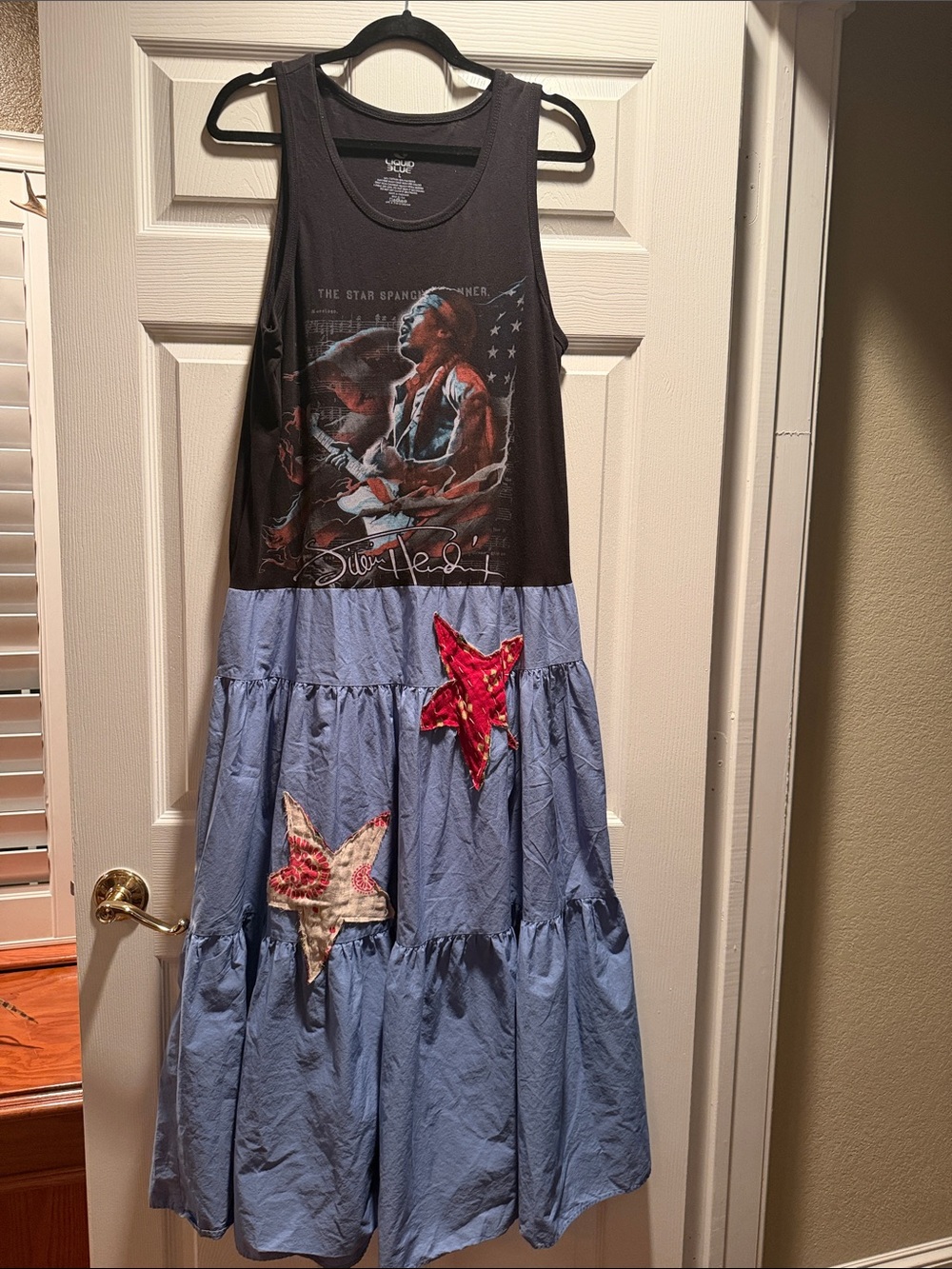 Upcycled Blue Black Graphic Tank with Light Blue Tiered Skirt and Red Star NWOT